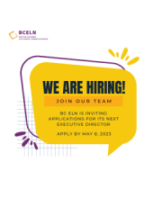 Icons of speech bubbles with text overlay that reads “We are hiring! Join our team. BC ELN is inviting applications for its next executive director. Apply by May 8, 2023.”