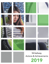 Image of the cover of the WriteAway Actions & Achievements 2019 Report: A photo of a woman looking at her laptop.