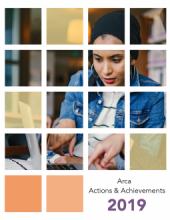 Cover of Arca Actions & Achievements 2019 report; image shows a women pointing at and looking at her laptop screen.