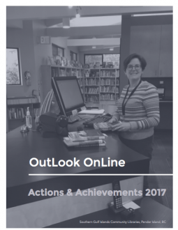 Image of the cover of the OutLook Online Actions & Achievements 2017 Report: A photo of a library assistant standing at the checkout desk.