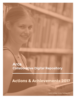 Image of the cover of the Arca Actions & Achievements 2017 Report: A photo of a woman standing in front of shelves of books in the library.
