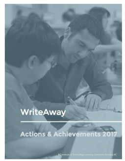 Image of the cover of the WriteAway Actions & Achievements 2017 Report: A photo of a tutor and student looking at a paper.