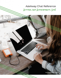 Image of the cover of the AskAway Actions & Achievements 2018 Report: A photo of a woman working on her laptop.