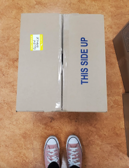 View from above of a moving box and two pink converse sneakers.