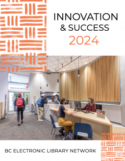 Front cover of the Innovation & Success 2024 report. Image shows people at the SFU library front desk (Vancouver Campus). Title reads: Innovation & Success 2024