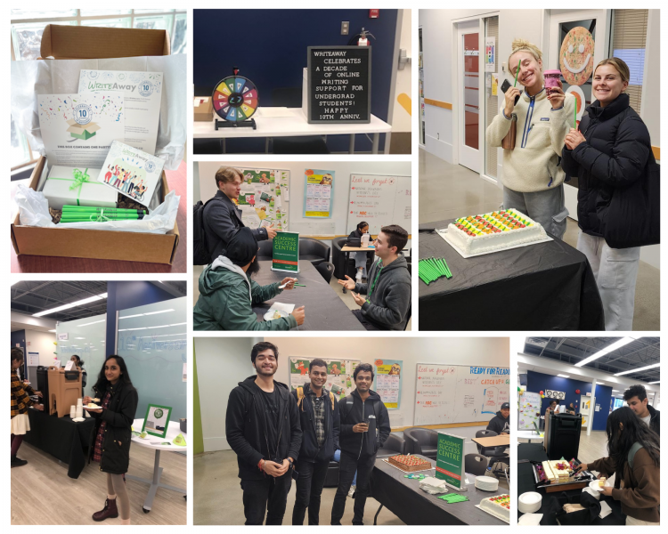 collage of photographs showing students eating cake and smiling.